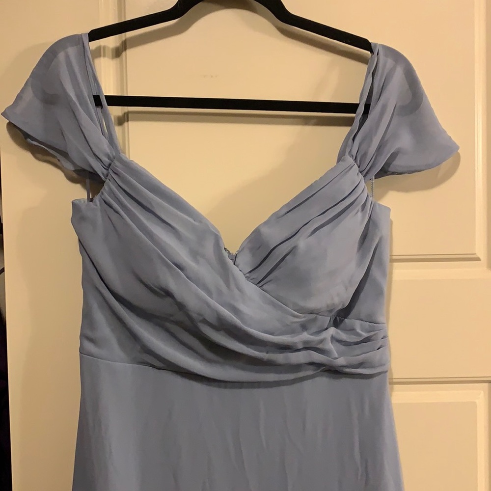Baby blue drop shoulder bridesmaid dress